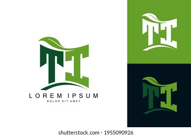 TI logo monogram with green leaf nature organic bio curved shape premium vector design template