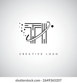 Logotipo Monograma da órbita da TI - marca de letra mínima futurista com linha de arte circular, pontos inspirados na tecnologia e conceito de movimento espacial para identidade de marca moderna