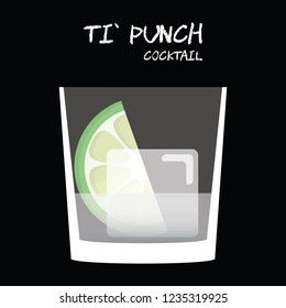 Ti' Punch cocktail illustration vector with lime wedge garnish on square black background.