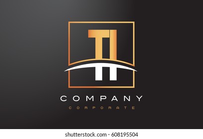 TI T I Golden Letter Logo Design with Swoosh and Rectangle Square Box Vector Design.