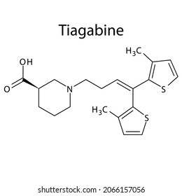 Tiagabine molecular structure, flat skeletal chemical formula. Anti convulsant drug used to treat Epilepsy, seizure.
