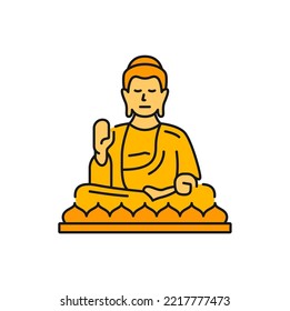 Oración de Buda Tian Tan en zen, meditando en persona estatua de oro monumento en Hong Kong. Oración budista vectorial, monje en bata rezando, HK buddha