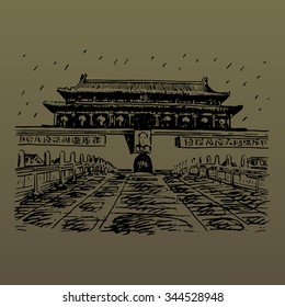 The Tiananmen Gate at the Tiananmen Square in Beijing, China. Vector freehand pencil sketch.