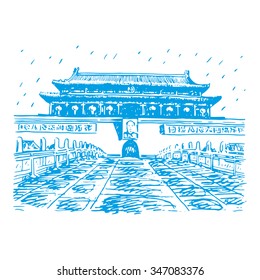 The Tiananmen Gate at the Tiananmen Square in Beijing, China. Vector freehand pencil sketch.