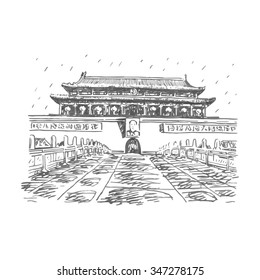 The Tiananmen Gate at the Tiananmen Square in Beijing, China. Vector freehand pencil sketch.