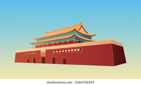 Tiananmen Square 3D vector illustration. Landmark building in Beijing, China. Translation: Long live the People's Republic of China, long live the great unity of the people of the world.