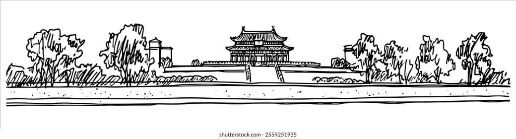 Tiananmen Square in Beijing China hand drawing doodle hatching vector sketch