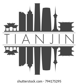 Tianjin China Asia Skyline Vector Art Mirror Silhouette Emblematic Buildings