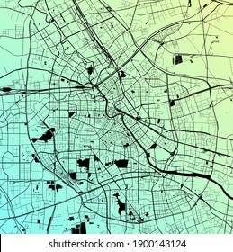 Tianjin, China (CHN) - Urban vector megacity map with parks, rail and roads, highways, minimalist town plan design poster, city center, downtown, transit network, gradient blueprint