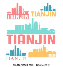 Tianjin China Flat Icon Skyline Vector Silhouette Design Set Logo Illustration City.