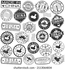 Tianjin, China Set of Stamps. Travel Stamp. Made In Product. Design Seals Old Style Insignia.