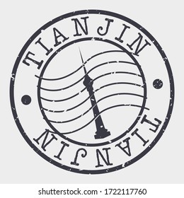 Tianjin, China Stamp Postal. Building Silhouette Seal. Passport Round Design. Famous Monument Vector Icon Retro Travel Design.