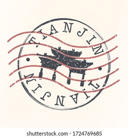 Tianjin, China Stamp Postal. Building Silhouette Seal. Passport Round Design. Famous Monument Vector Icon Retro Travel Design.