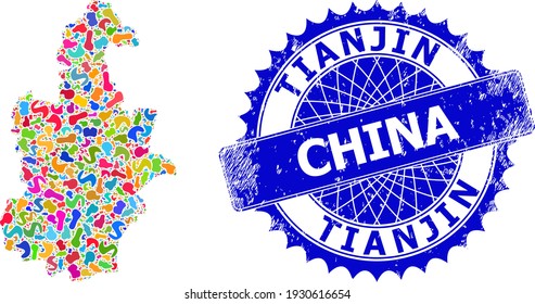 Tianjin City map flat illustration. Splash collage and grunge seal for Tianjin City map. Sharp rosette blue seal with caption for Tianjin City map.