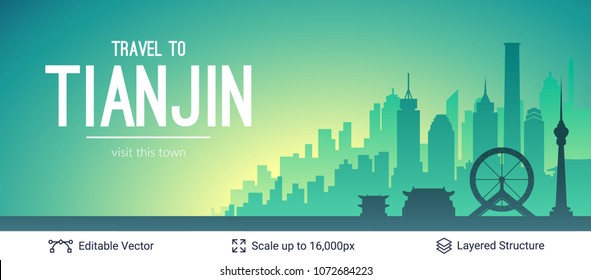 Tianjin famous China city scape. Flat well known silhouettes. Vector illustration easy to edit for flyers or web banners.