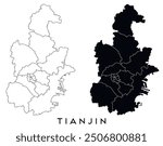 Tianjin map of regions districts vector black on white and outline