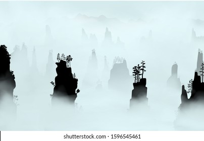 Tianjin Mountains (Avatar Mountains) in the Zhangjiajie Forest Park covered with clouds of the thick fog. Hunan Province, China. Vector silhouette illustration.