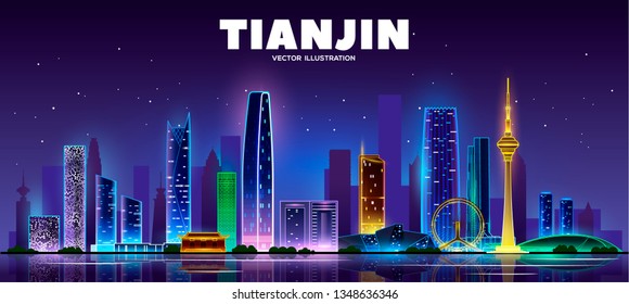 Tianjin night skyline on a black background. Flat vector illustration. Business travel and tourism concept with modern buildings. Image for banner or web site.
