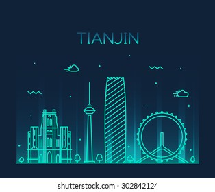 Tianjin skyline detailed silhouette. Trendy vector illustration, line art style.