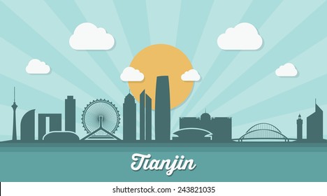 Tianjin skyline - flat design - vector illustration