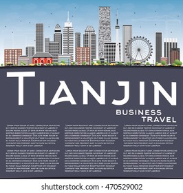 Tianjin Skyline with Gray Buildings, Blue Sky and Copy Space. Vector Illustration. Business Travel and Tourism Concept with Modern Buildings. Image for Presentation Banner Placard and Web Site.