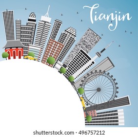 Tianjin Skyline with Gray Buildings, Blue Sky and Copy Space. Vector Illustration. Business Travel and Tourism Concept with Modern Architecture. Image for Presentation Banner Placard and Web Site.