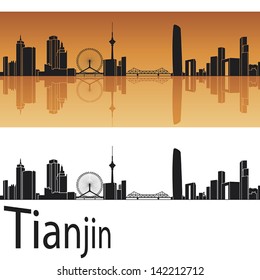 Tianjin skyline in orange background in editable vector file
