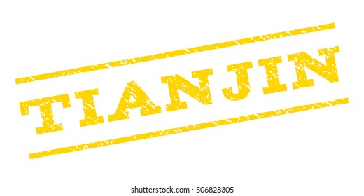 Tianjin watermark stamp. Text caption between parallel lines with grunge design style. Rubber seal stamp with dust texture. Vector yellow color ink imprint on a white background.