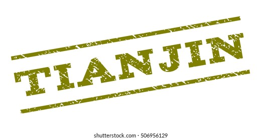 Tianjin watermark stamp. Text caption between parallel lines with grunge design style. Rubber seal stamp with unclean texture. Vector olive color ink imprint on a white background.