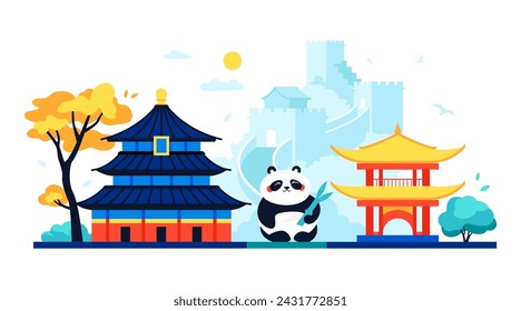 Tiantan Templo del Cielo - ilustración vectorial de colores modernos con santuario shinto y panda lindo contra el fondo de la Gran Muralla de China. Maravilla del mundo, arquitectura, patrimonio de Asia