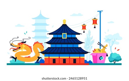 Tiantan Temple of Heaven - modern colored vector illustration with traditional shinto wooden shrine, orange chinese dragon, red paper lanterns and wok noodles. Bamboo grove and asian nature