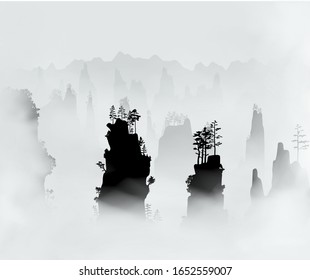 Tianzi Mountains covered with clouds of the thick fog. Mountain pine forest on the rocks of Jianghua Yao Autonomous County, Yongzhou, China Vector silhouette illustration. 
