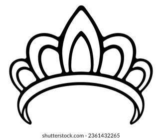 Tiara. A crown with an open base. Sketch. A precious headdress with petals increasing towards the center. Attribute of a royal person. Vector illustration. Doodle style. Outline on isolated background