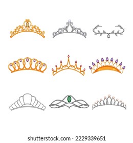 tiara crown set cartoon. princess queen, royal diadem, jewelry diamond, gold decoration, beauty tiara crown vector illustration