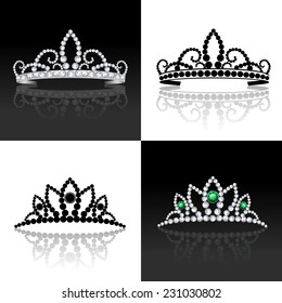 Tiara female luxury royal jewelry silver decorative set isolated vector illustration