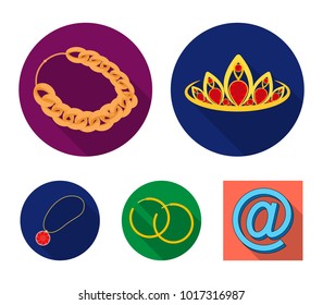 Tiara, gold chain, earrings, pendant with a stone. Jewelery and accessories set collection icons in flat style vector symbol stock illustration web.