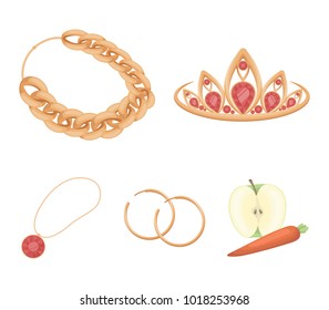 Tiara, gold chain, earrings, pendant with a stone. Jewelery and accessories set collection icons in cartoon style vector symbol stock illustration web.