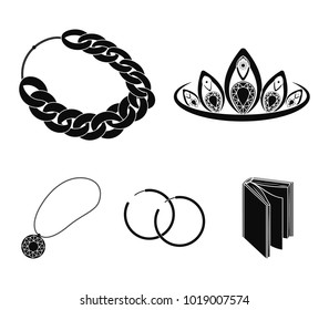 Tiara, gold chain, earrings, pendant with a stone. Jewelery and accessories set collection icons in black style vector symbol stock illustration web.