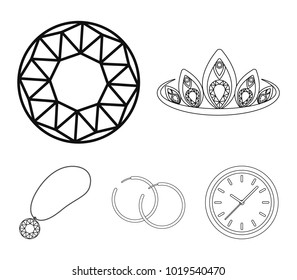 Tiara, gold chain, earrings, pendant with a stone. Jewelery and accessories set collection icons in outline style vector symbol stock illustration web.