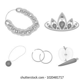 Tiara, gold chain, earrings, pendant with a stone. Jewelery and accessories set collection icons in monochrome style vector symbol stock illustration web.