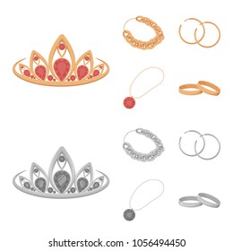 Tiara, gold chain, earrings, pendant with a stone. Jewelery and accessories set collection icons in cartoon,monochrome style vector symbol stock illustration web.