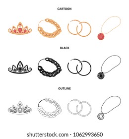 Tiara, gold chain, earrings, pendant with a stone. Jewelery and accessories set collection icons in cartoon,black,outline style vector symbol stock illustration web.