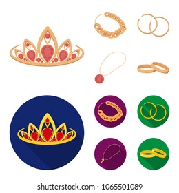 Tiara, gold chain, earrings, pendant with a stone. Jewelery and accessories set collection icons in cartoon,flat style vector symbol stock illustration web.