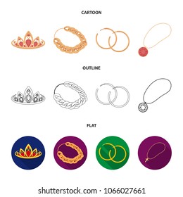 Tiara, gold chain, earrings, pendant with a stone. Jewelery and accessories set collection icons in cartoon,outline,flat style vector symbol stock illustration web.