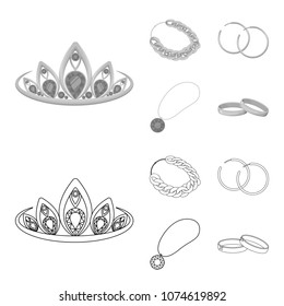 Tiara, gold chain, earrings, pendant with a stone. Jewelery and accessories set collection icons in outline,monochrome style vector symbol stock illustration web.