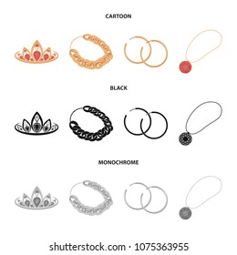 Tiara, gold chain, earrings, pendant with a stone. Jewelery and accessories set collection icons in cartoon,black,monochrome style vector symbol stock illustration web.