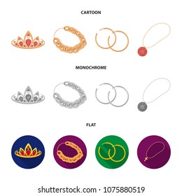 Tiara, gold chain, earrings, pendant with a stone. Jewelery and accessories set collection icons in cartoon,flat,monochrome style vector symbol stock illustration web.