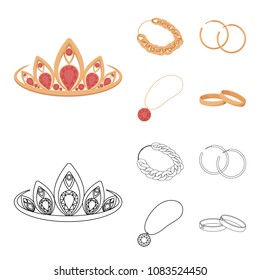 Tiara, gold chain, earrings, pendant with a stone. Jewelery and accessories set collection icons in cartoon,outline style vector symbol stock illustration web.