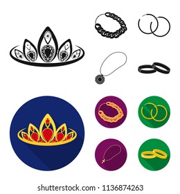 Tiara, gold chain, earrings, pendant with a stone. Jewelery and accessories set collection icons in black, flat style vector symbol stock illustration web.