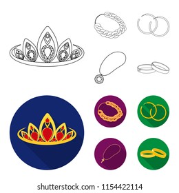 Tiara, gold chain, earrings, pendant with a stone. Jewelery and accessories set collection icons in outline,flat style vector symbol stock illustration web.